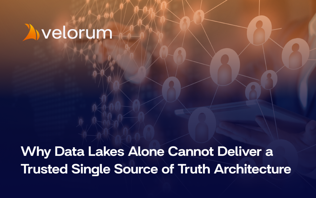 Title text “Why Data Lakes Alone Cannot Deliver a Trusted Single Source of Truth Architecture” over a background featuring a knowledge graph network visualization.